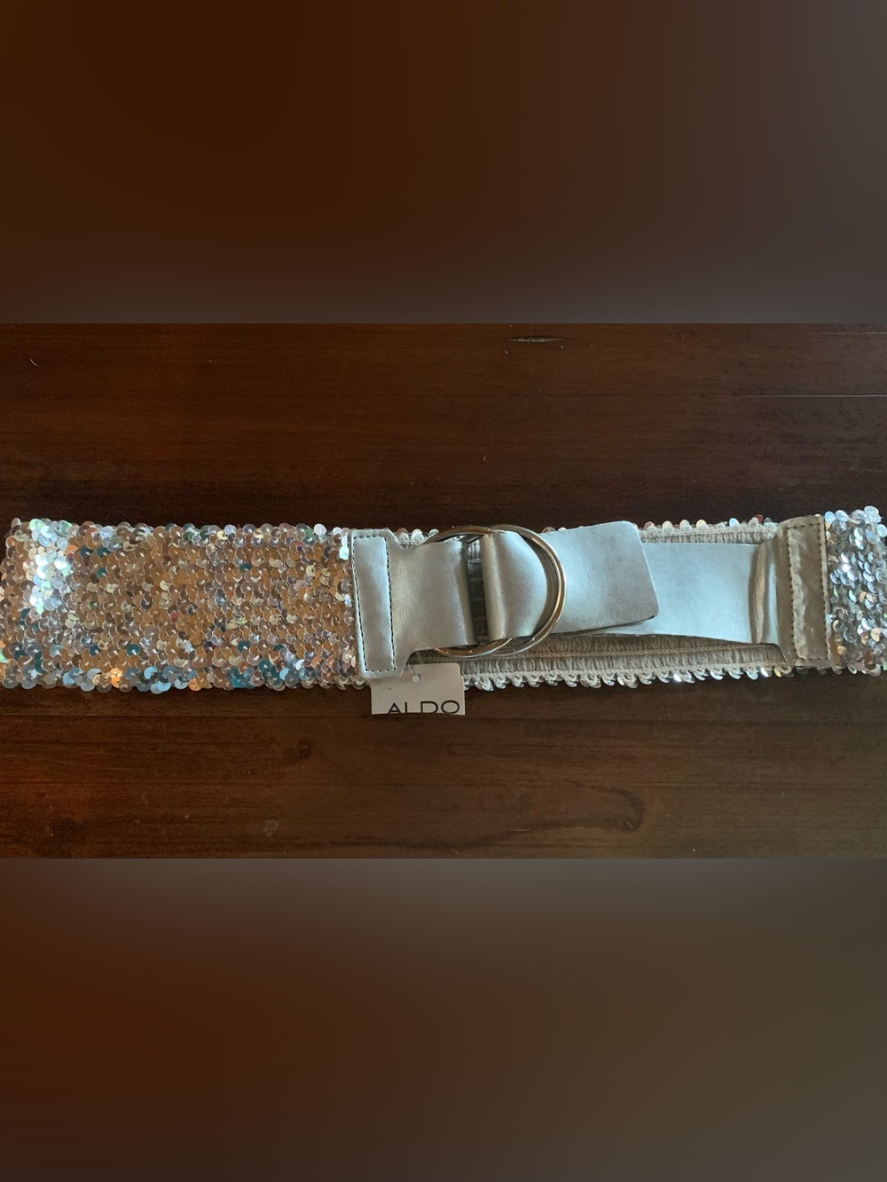 Aldo Iridescent Sequin Silver D-Ring Stretch Belt grey/silver